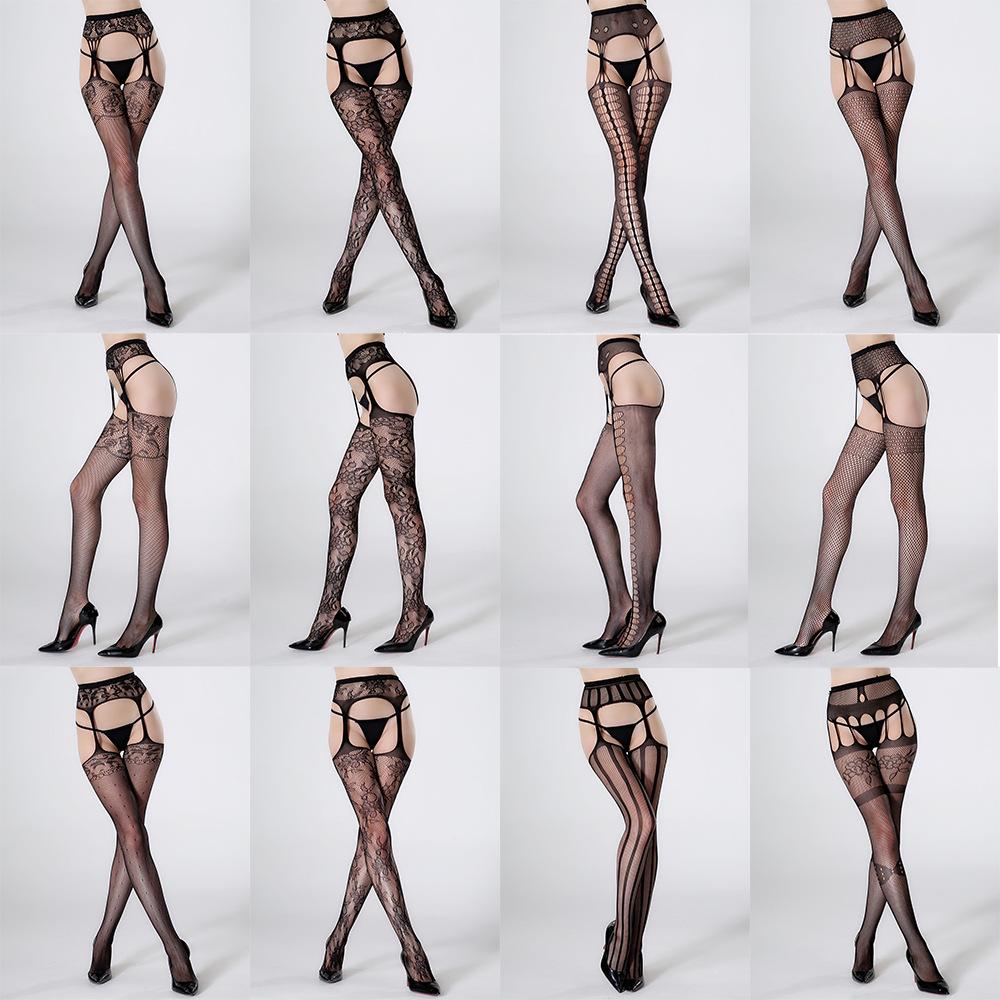 Anti-Snag Open Crotch Black Fishnet Sexy Jacquard Stockings