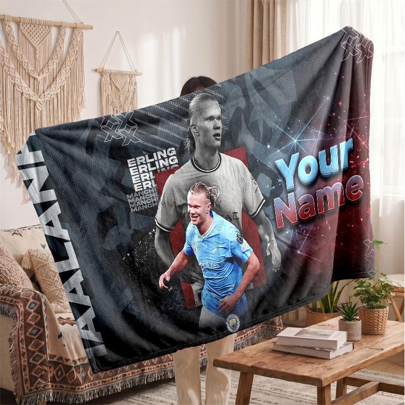 Erling Haaland Personalized Fleece Blanket With Football Logo, Custom Name Text Soft Warm Home Throw Blanket