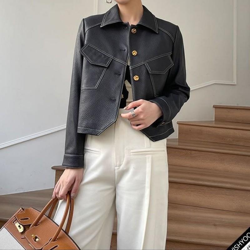 Womens Short PU Leather Jacket Casual Turn-Down Collar Biker Style Streetwear Coat