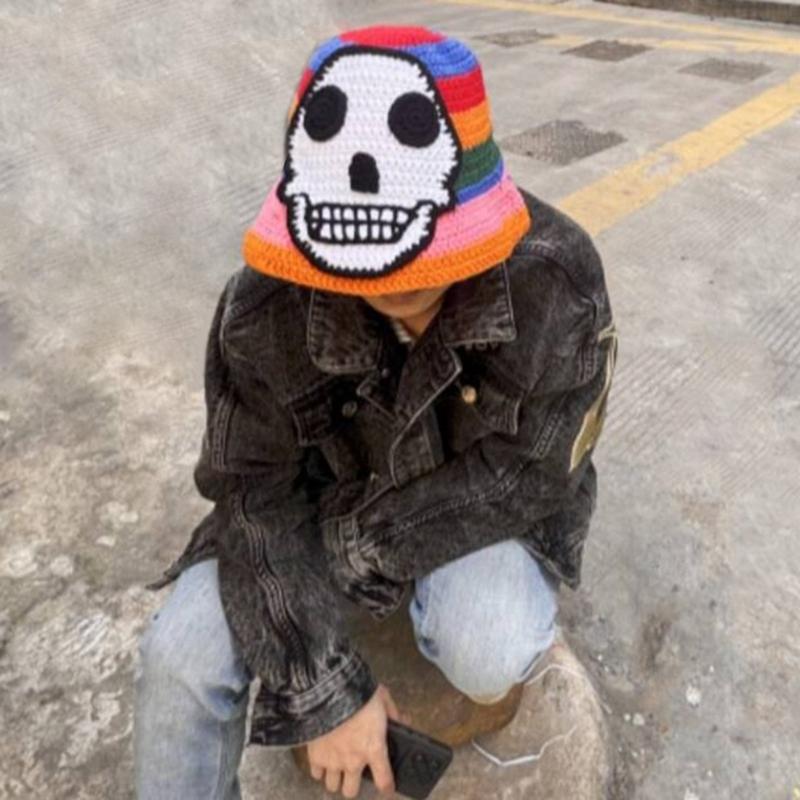 Striped Skull Design Crochet Bucket Hat Crocheted Acrylic Knit For Outdoor Stretchy Unisex Fit