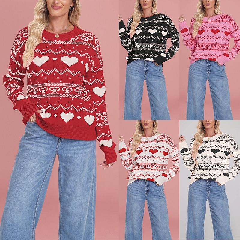 Winter New European and American Women's Love Sweater Pullover, Plus Size Christmas Casual Jacquard Knitwear