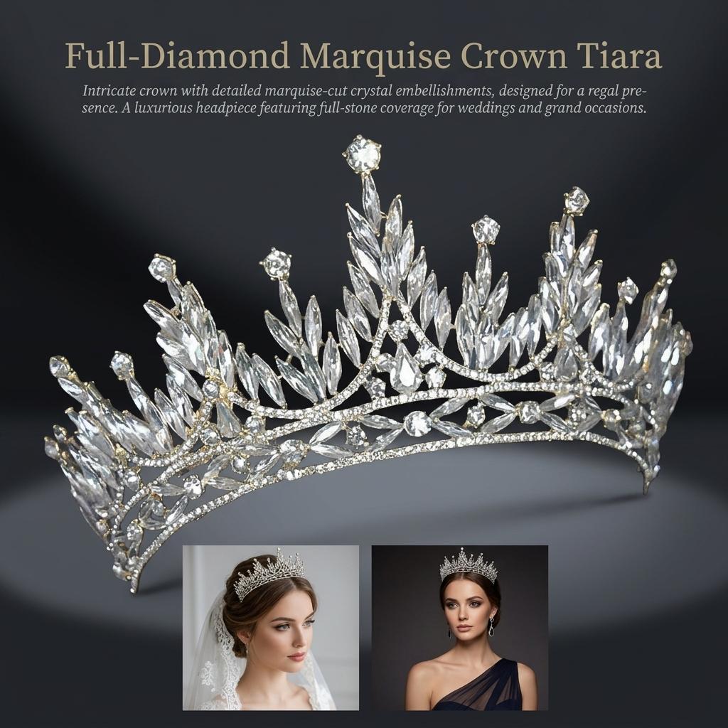 Elegant Bridal Crown Headpiece With Marquise Rhinestones For Wedding Dress