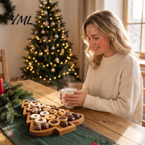 Decorative Nut And Fruit Tray Christmas Tree Elk Serving Tray, Durable Wood Partitioned Design Food Server Platter, Dinnerware for Charcuterie Snacks