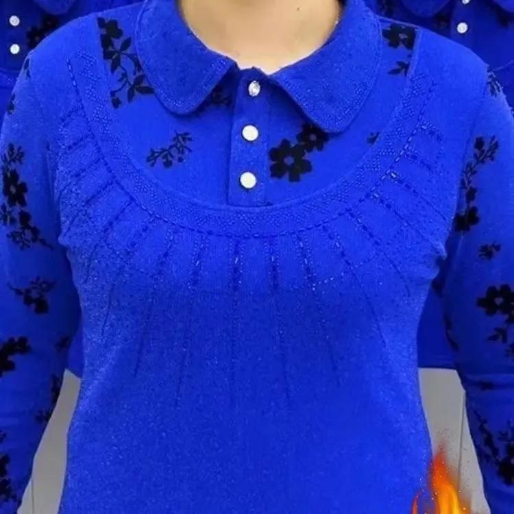 

Женская осенне-зимняя флисовая утолщенная винтажная элегантная футболка с длинным рукавом, кукольным вырезом и бриллиантами, пуловер, топы 3XL