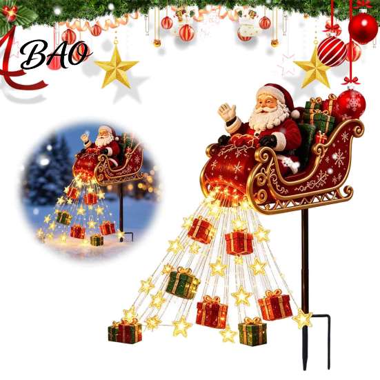 Winter Outdoor Courtyard Decorations Santa Sleigh Figurine Light, Solar Powered Christmas Garden Stake Claus Light Pouring Gifts Stars for Yard