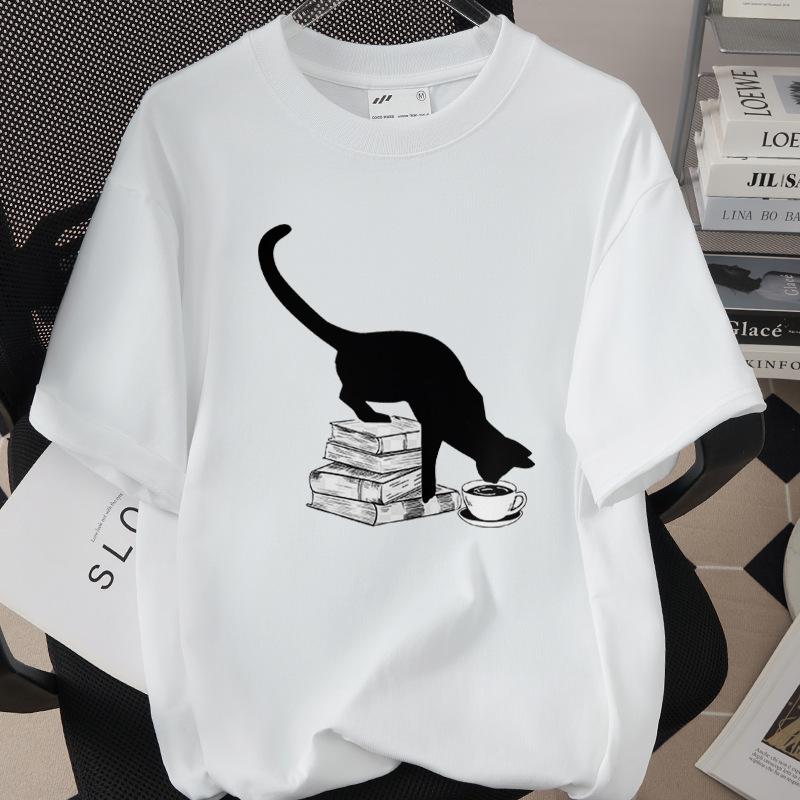 Trendiges Grenzüberschreitendes Katzen-Print-T-Shirt, 260g Reine Baumwolle, Kurzarm, Einfach 1002-45