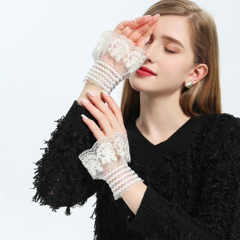 White Mesh Bow Romantic Lace Ruffle Hand Sleeves Sweet Detachable Sweater Blouse Coat Decoration Fake Cuffs Elastic Horn Cuff