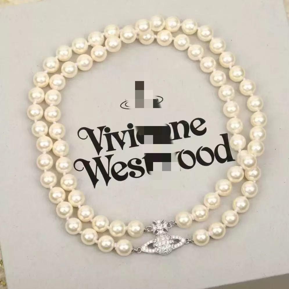 Westwood Saturn Choker Necklace: High Version, Medium Size, Women's 10MM Beads, Logo Clasp.