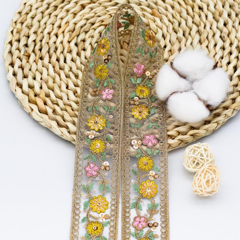 5yards 4cm Embroidered Flower Ribbon, Ethnic Lace Trimming for DIY Sewing Clothes, Bag Accessories Curtain/Tablecloth Decor