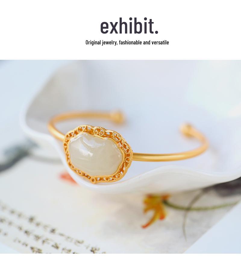 Imitation Hetian Jade Openwork Lace Geometric Bracelet - Retro White Ruyi Lock Fortune Bangle