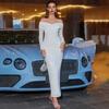 Yousheng Damen Abendkleid Schulterfrei Lange Ärmel Netz-Patchwork Falten Cross-Bandeau Figurbetont Abschlussball Hochzeitsfeier Cocktail Maxikleid