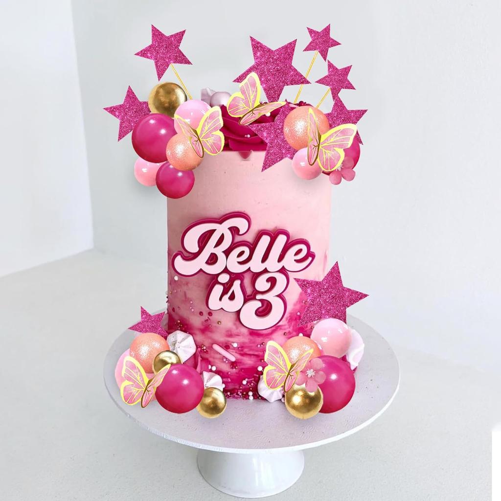 Heißes Pink Mädchen Gold Schmetterling Kugeln Stern Puppe Kuchenaufsatz für Hochzeit Babyparty Jubiläum Mädchen Geburtstag Themenparty Zubehör