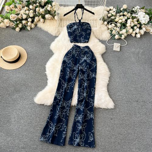 Two Piece Set Womens Bufferfly Printing High Waist Halter Strapless Bustier + Wide Leg Pants Designed Pant Sets Summer Dropship