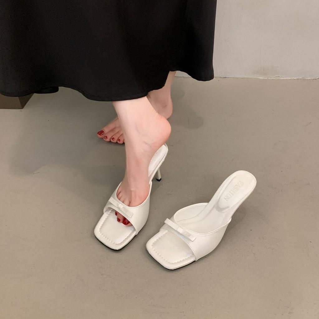 Niche black high heels bow cool slippers shoes new fashion outer wear