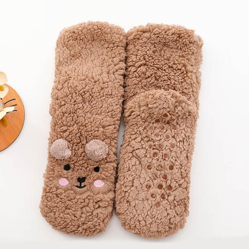 Women Winter Cute Bear Embroidery Fuzzy Slipper Socks Non Slip Warm Socks with Grips Furry Plush Sock for Home Sleeping