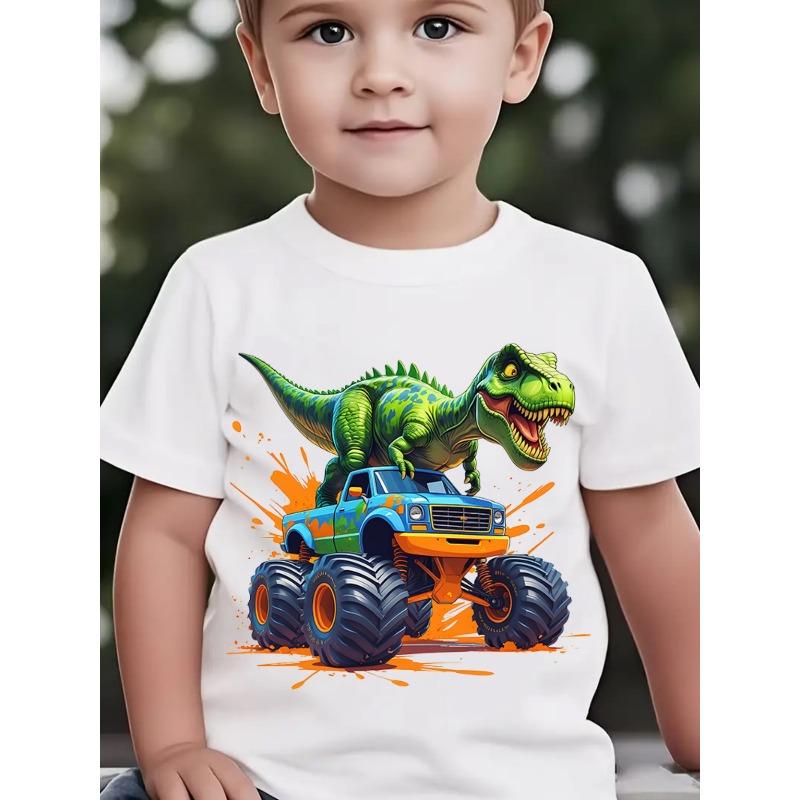 Boys Short Sleeve T-Shirt Summer Fashion with Dinosaur Truck Print Casual Outdoor 110