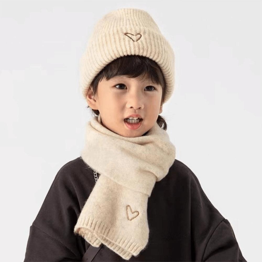 Love Heart Embroidery Crochet Warm Beanie Cap Solid Color Neck Warmer Set Winter Pullover Cap  Ski