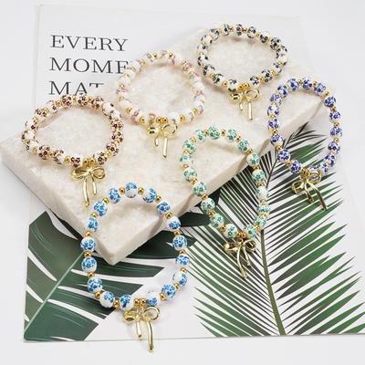 Women's Retro Handmade Ceramic Flower Bow Bracelet