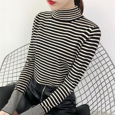 Autumn Winter New Half High Collar Striped Knitted Bottom Shirt Women's Loose Inner Pullover Sweater Top