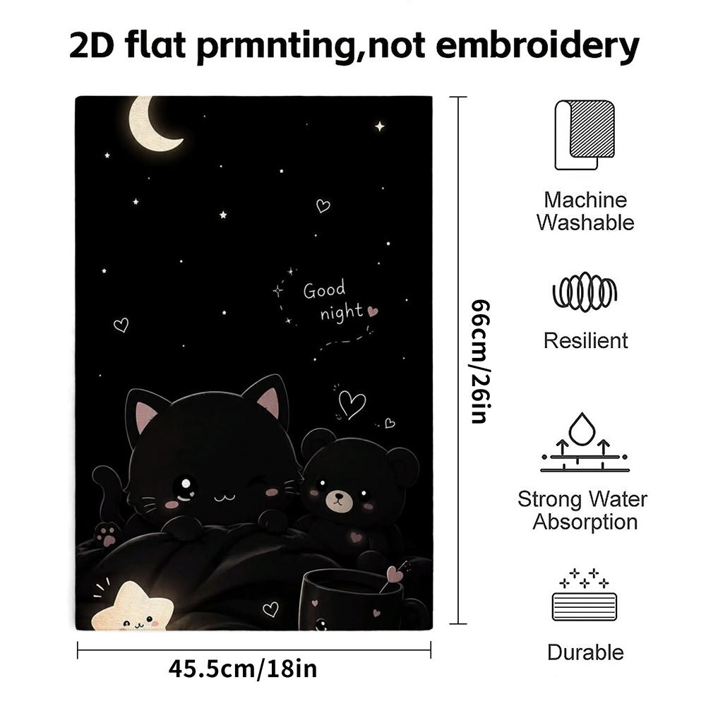 Black Cat And Bear Good Night Soft Bath Towel, Absorbent Daily Shower Towel