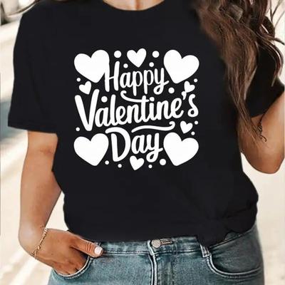 180G Valentine'S Day Heart Pattern Women'S Comfortable Knitted T-shirt-Soft Casual Crew Neck Top, Hine Washable