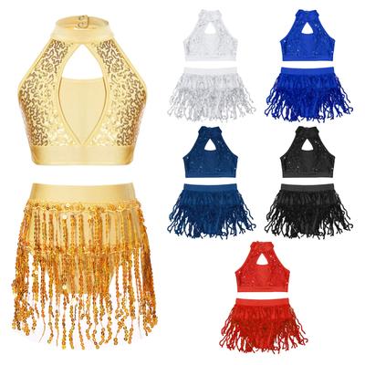 Kids Girls Sequin Crop Top with Skirt Set Jazz Latin Dance Outfits 2 Piece Performance Costume Dancewear