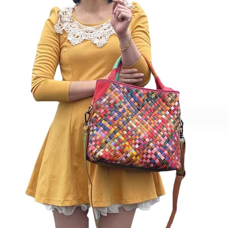 Lomantina Women'S Handbags Ladies Vertical Stylish Genuine Leather Handmade Bag Woven Casual Style Shoulder Tote For Lady Purse