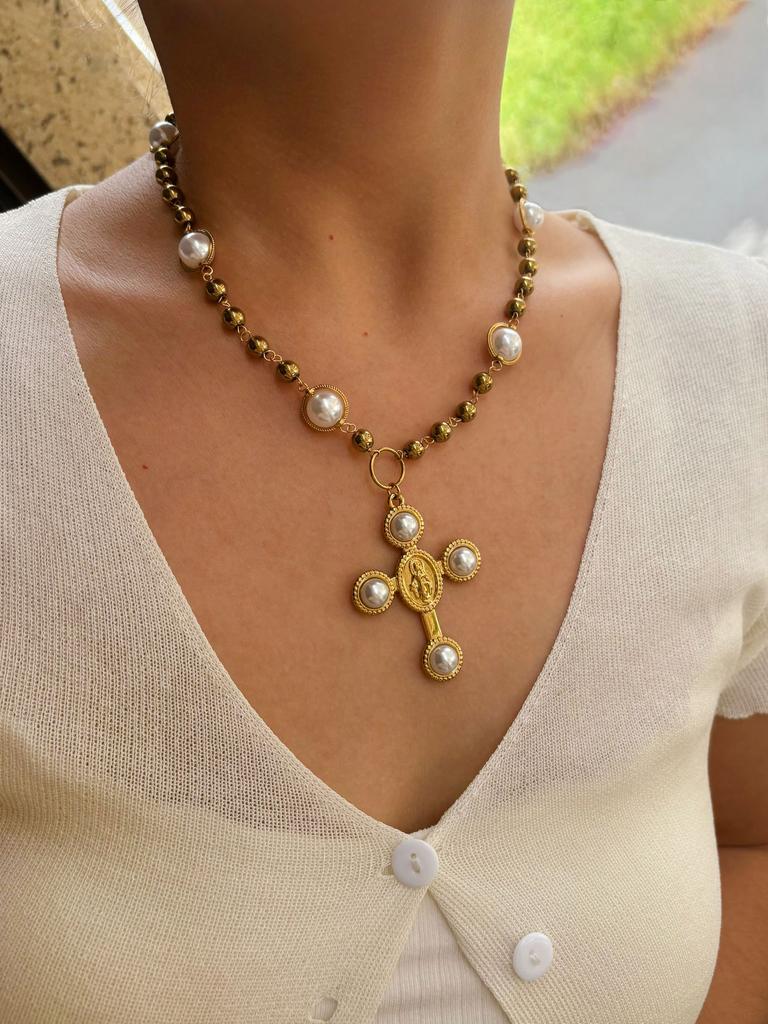 GHIDBK Fashion Elegant Imitation Pearl Virgin Mary Cross Pendant Necklace for Women Stainless Steel Beaded Chain Wedding Zircon