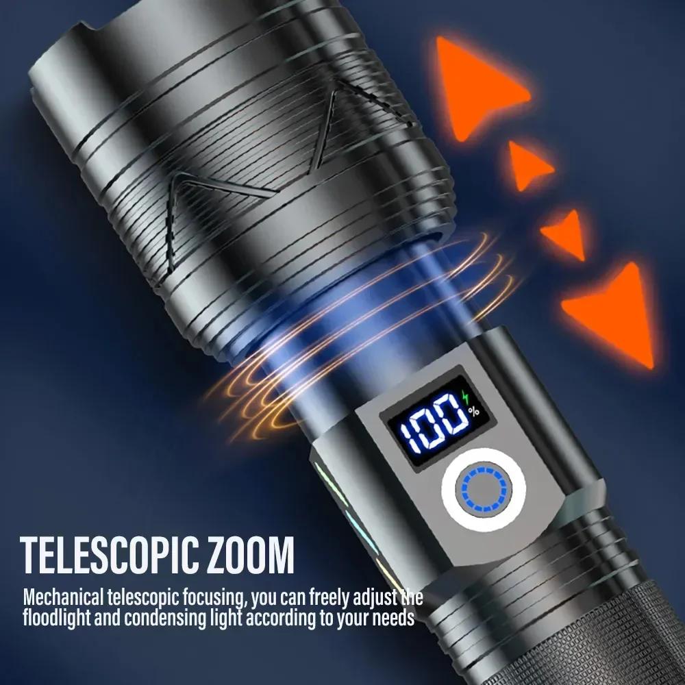 Powerful 60W LED Flashlight USB Rechargeable Tactical 26650 Torch with Power Display Super Bright Long Range Camping Lantern