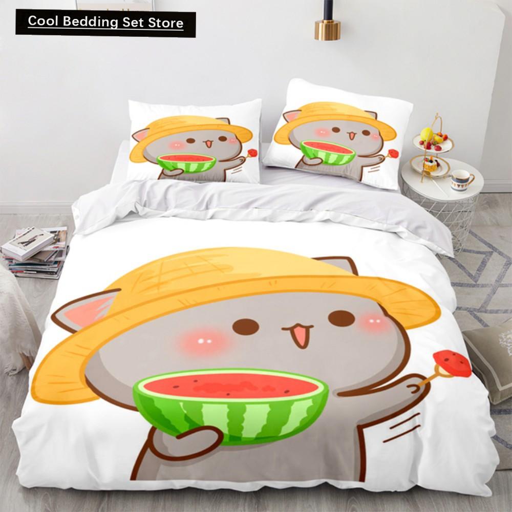 Lovely Peach Cat Bedding Set Cartoon Comforter Sets Double Queen King Twin Full Size Duvet Cover Set Kids Girls White Bed Linen