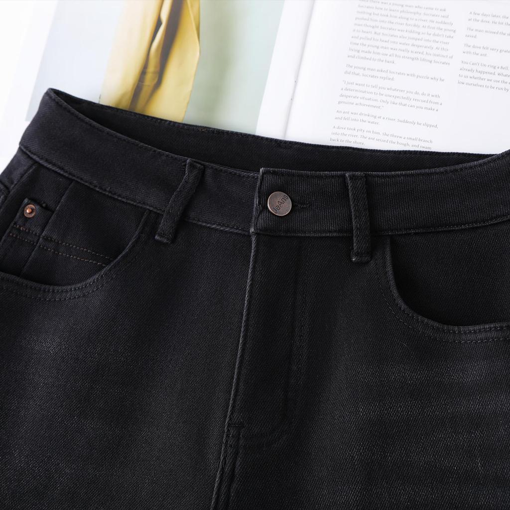Black Velvet High-Waisted Wide-Leg Women's Jeans, Winter 2025 Petite Loose Fit Drape Style.