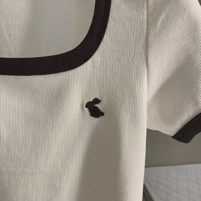 Women's Summer Retro Contrast Short-Sleeve T-Shirt with Square Embroidered Neckline and Slim Fit