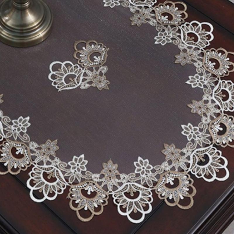 Stylish Coffee Table Cover Polyester Fabric Decorative Tablecloth Embroidery Flower Lace Doily For Dining Office Use