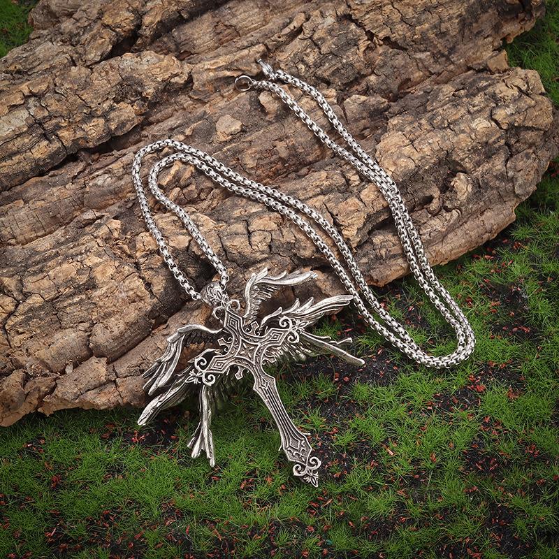 Retro Fiery Angel Wings Cross Necklace - for Both Men and Women. Personalized Wings Alloy Pendant for Sweater. Chain