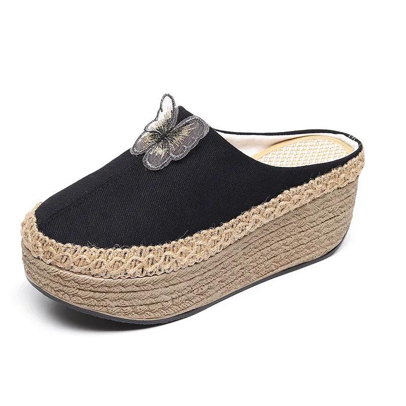 Fashion 2025 New Retro Handmade Women Canvas 5cm Platform Mules Slippers Butterfly Black Beige Leopard Comfortable Casual Slip On Shoes