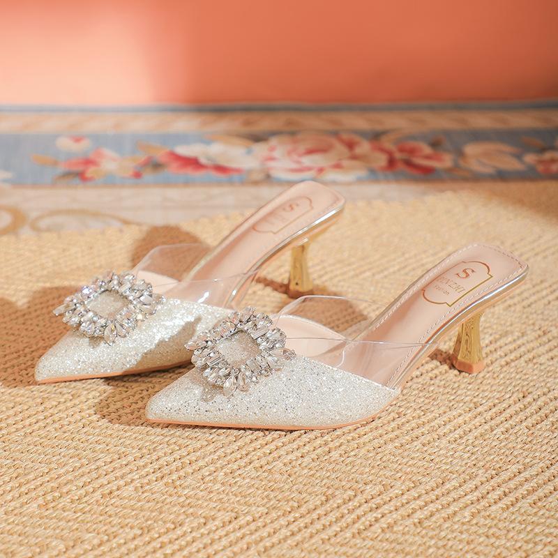 Temperament half slippers women's new summer rhinestone high-end fashion pointed transparent high heels