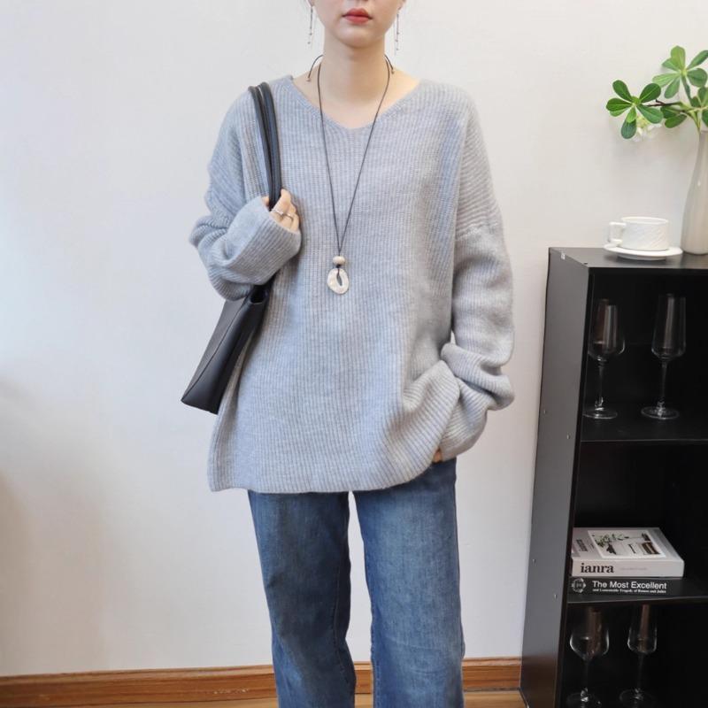 

Ленивый ветер V-образный вырез однотонный свитер пуловер женский осенне-зимний новый свободный простой вязаный свитер топ one size fits all светло-серый