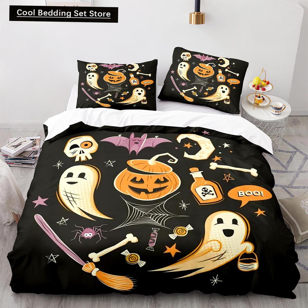 Halloween Boo King Queen Duvet Cover Cartoon Eyes Bedding Set for Kids Teens Adults Little Monster Ghost Polyester Quilt Cover