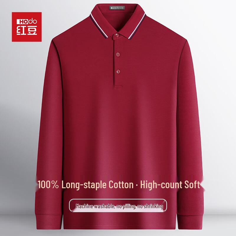 Hongdou Men's 100% Cotton Long-Sleeve Polo Shirt