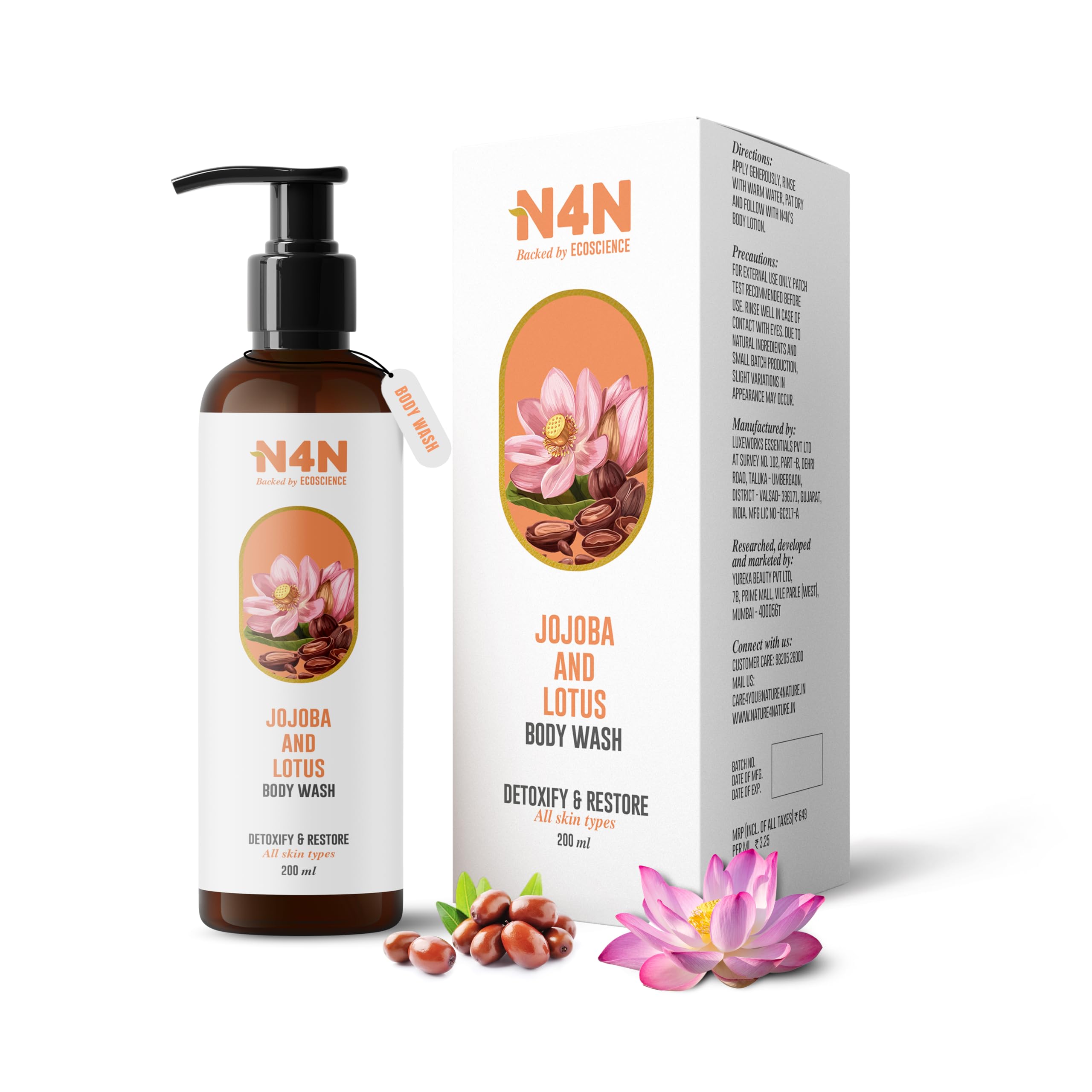 

N4N Natural Body Wash with Lotus & Jojoba Sulphate-Free Hydrating Shower Gel for Women & Men Gently Cleanses, Revives Dull Skin & Leaves Skin Sof
