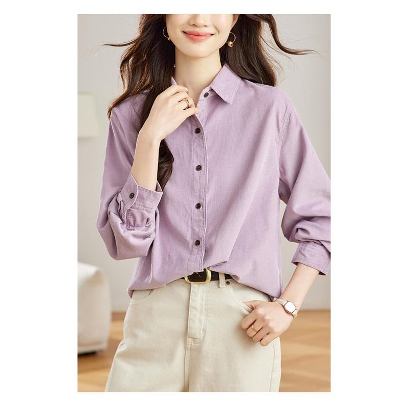 Purple Corduroy Shirt Long-sleeved Spring Simple Commuter Blouse Korean Women's Shirt