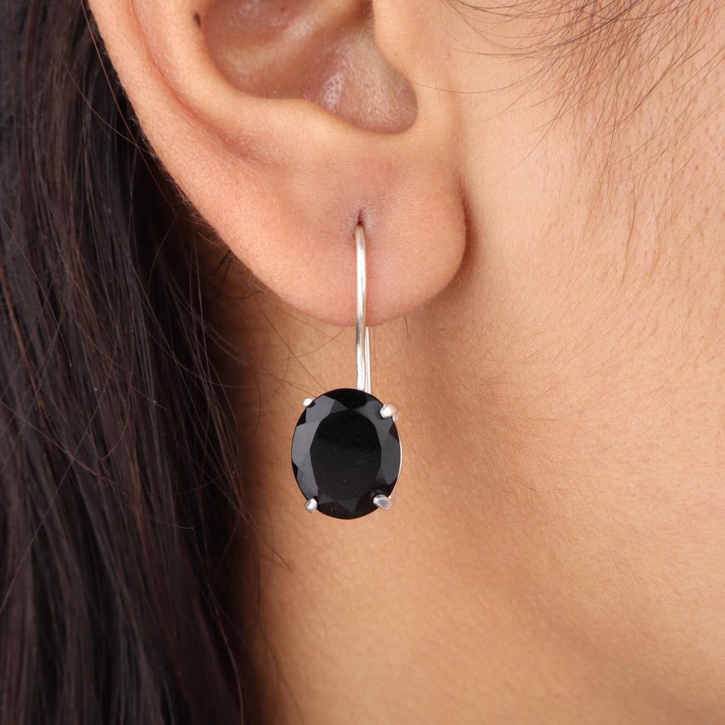 Natural Black Onyx Gemstone 925 Sterling Silver Handcrafted Women Earrings 1.05" EE-173-19
