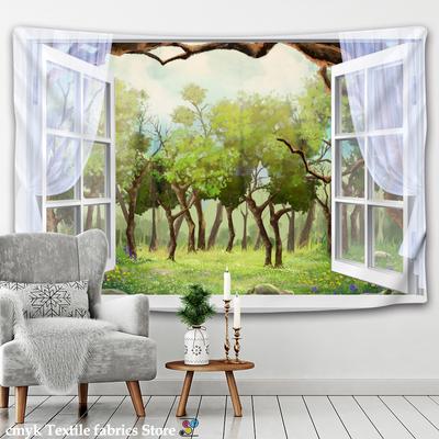 Arazzo da parete con paesaggio "Foresta fuori dalla finestra", piante verdi naturali, bohémien, hippie, psichedelico, decorazione per la camera da letto.
