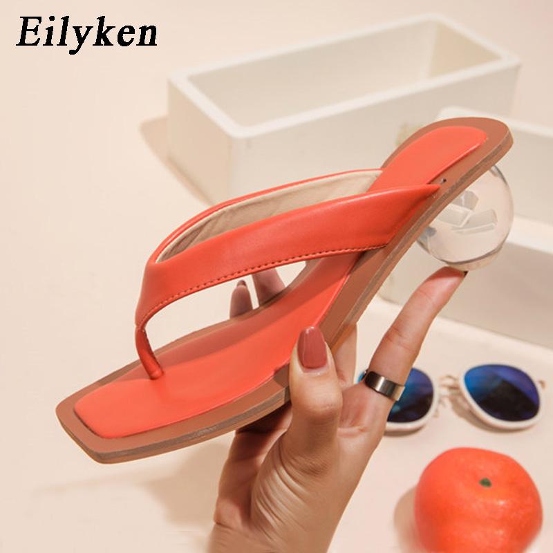 Fashion Eilyken Square Head Pinch Slippers Crystal Transparent Ball Low Heel Clear Women Flip Flops Slides Fashion Design Green Size 43