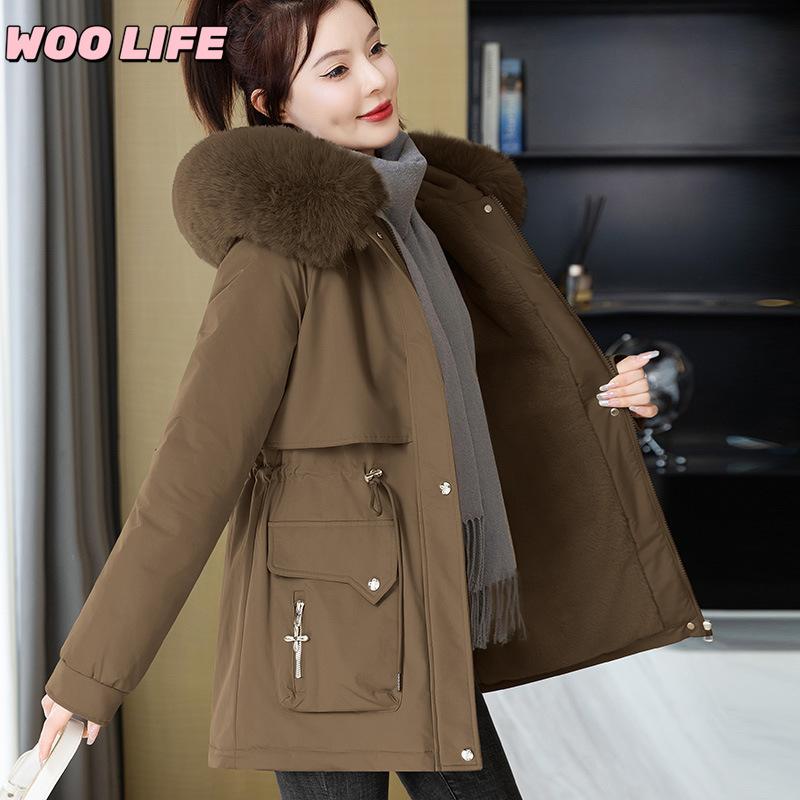 Parker Clothing Women's New Winter All-match Cotton Clothing Plus Velvet Hooded Jacket, Big Fur Collar, Warm Cotton Clothing, Women's Cold Protection