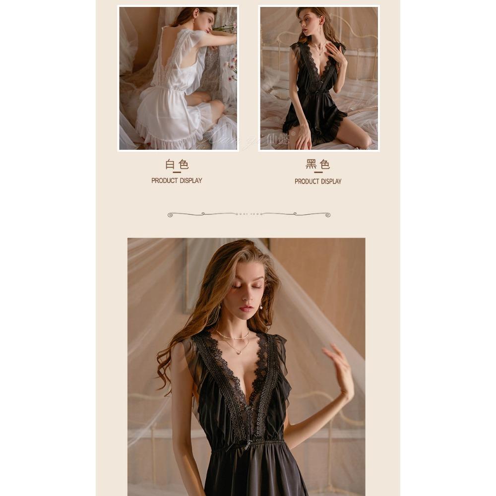 Xianyi Autumn and Winter Sexy Underwear Lace Princess Style Pajamas Women's Deep V Backless Satin Pajamas Loungewear Set 432