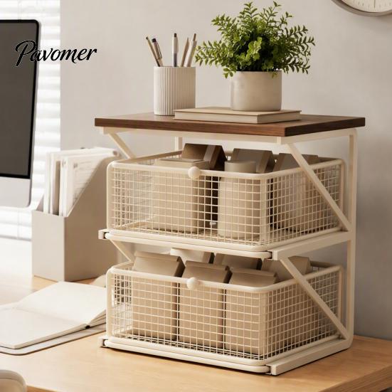 Dust Proof Storage Drawer Coffee Station Organizer with Drawer, Tiered Bar Organizer, Wooden Top Shelf, Pods Holder Wire Mesh Drawers for Tea