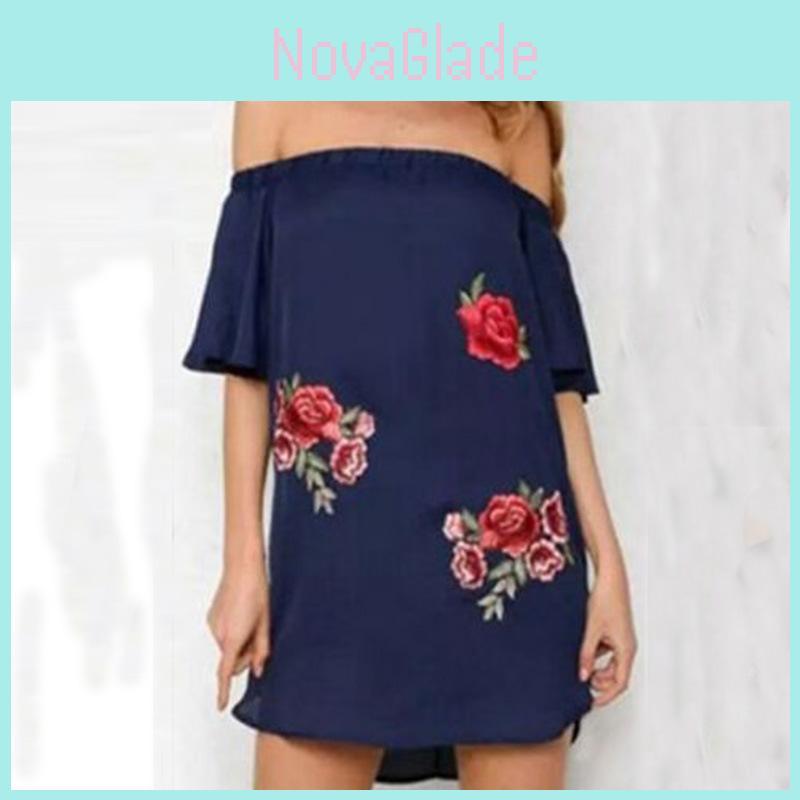 Elegant Floral Embroidered Off Shoulder Dress With Stylish One Shoulder Design