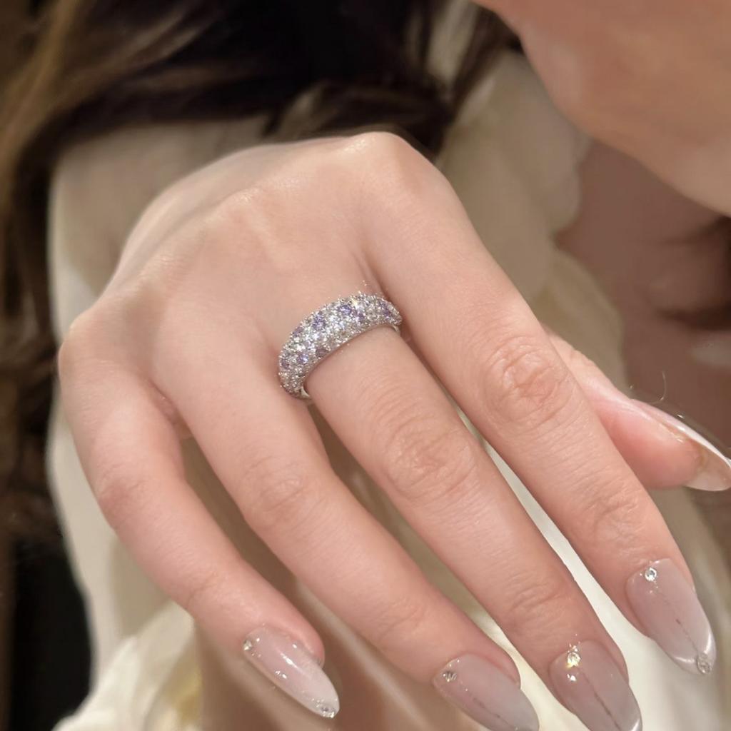 "Dream Garden" French Retro Light Luxury Purple Diamond Gypsy Ring, Half Circle Row Of Diamonds, Niche High-End Ring
