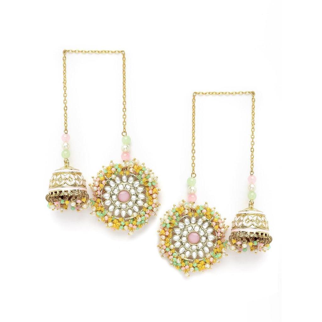 Multicolor Crystal Studded Kundan Kaanchain Jhumki Earrings